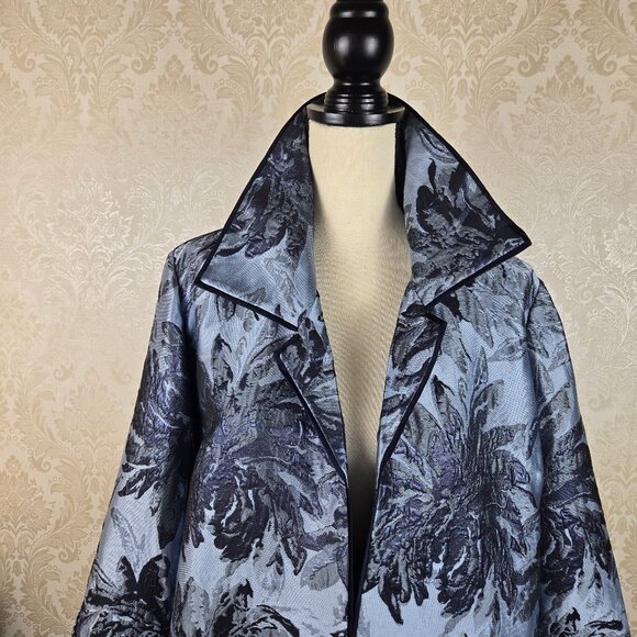 Chico’s Size 2 (12/14) Blue Jacquard Metallic Open Front Long Jacket Rolled Cuff - Picture 3 of 13